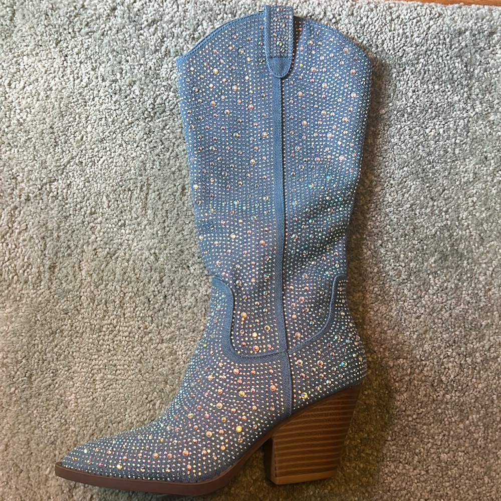 Rhinestone Denim Cowgirl Boots, Forever Brand, Size 8